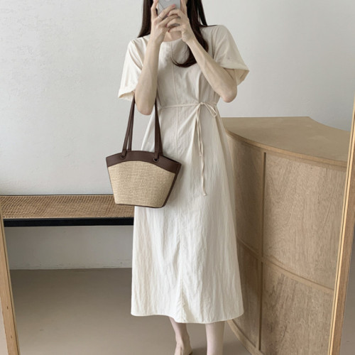 Korean chic summer simple round neck casual straight dress with belt