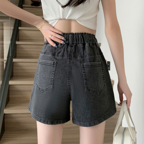 Actual shot of new summer style elastic waist Tencel large size denim shorts fat MM Korean version high waist wide leg casual elastic hot pants