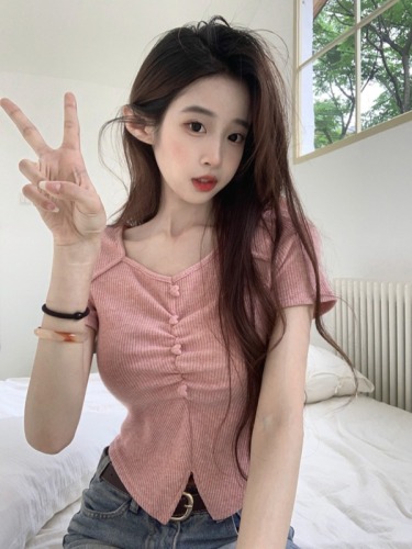 Real shot of original fabric short-sleeved T-shirt summer short irregular slit trendy shoulder slim V-neck solid color top