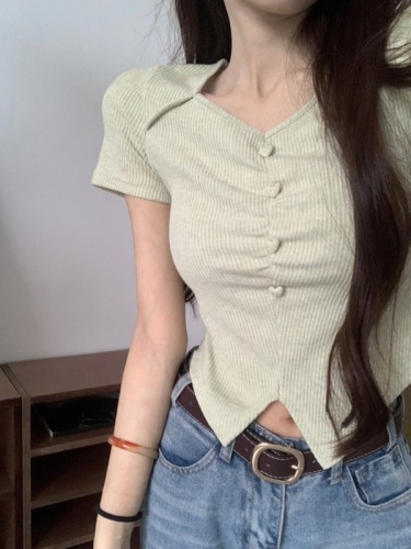 Real shot of original fabric short-sleeved T-shirt summer short irregular slit trendy shoulder slim V-neck solid color top