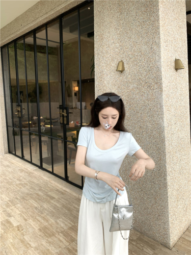 Real shot simple and versatile u-neck loose T-shirt women's summer waist-in slimming solid color top fashion 