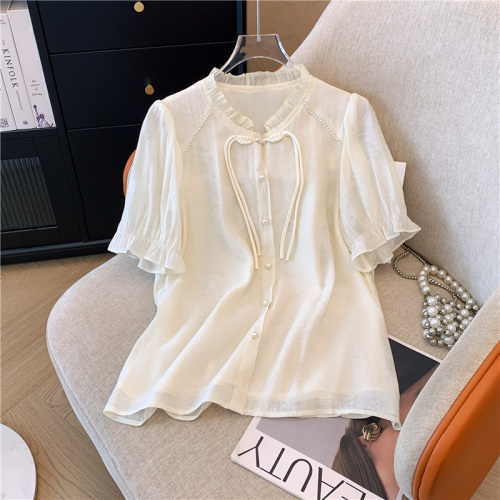 Real shot of fat girl summer new Chinese style button chiffon short-sleeved shirt design niche lotus leaf collar top