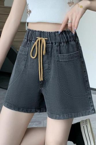 Actual shot of new summer style elastic waist Tencel large size denim shorts fat MM Korean version high waist wide leg casual elastic hot pants