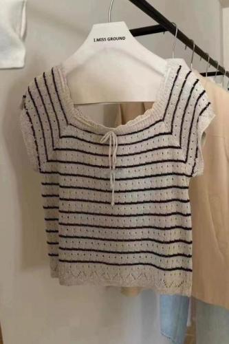 2024 new Korean summer lace soft and comfortable crochet drawstring bow knitted striped top for women