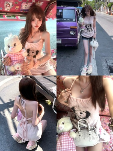 Suuuicee maknae's sweet pet sexy pure lust halter neck halter skirt puppy print strap knitted skirt