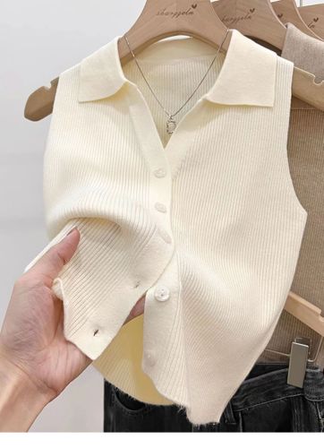 polo lapel thin slim fit suspender outer vest for women summer chic ice silk knitted waistcoat sleeveless top