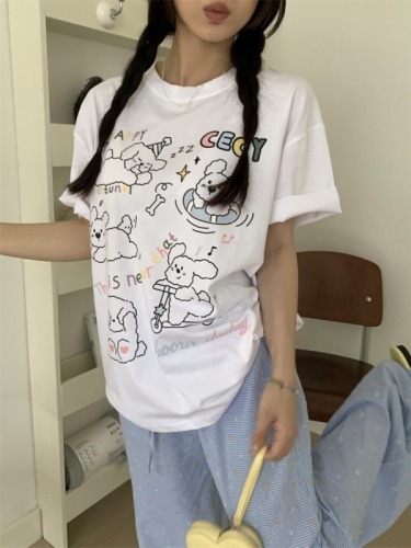 实拍~韩系童趣可爱素描小狗印花短袖T恤上衣