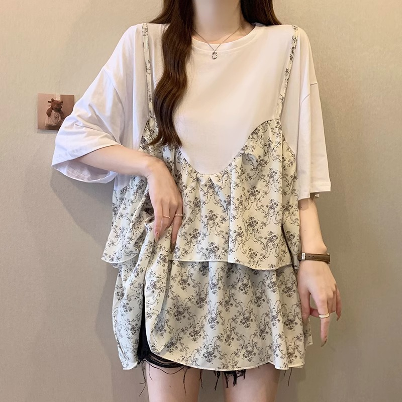 Large size suspenders floral fake two-piece short-sleeved T-shirt women's summer fat mm loose flesh-hiding top