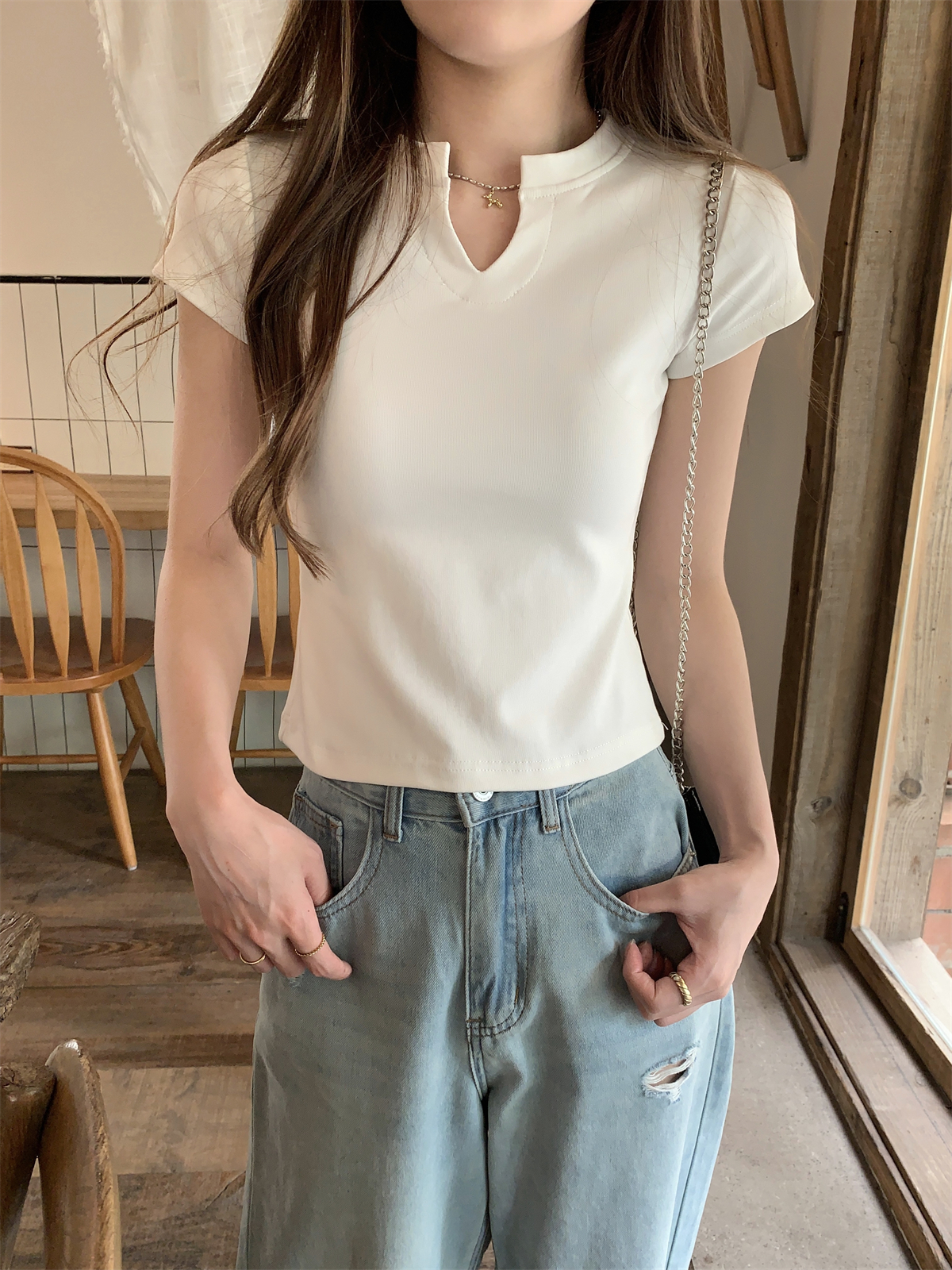 實拍 夏季韓版修身半開領正肩簡約百搭純棉短袖T恤上衣女