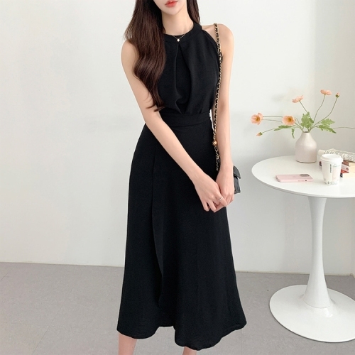 Summer new style sleeveless halterneck vest + wrap-style tie design half-length skirt two-piece set