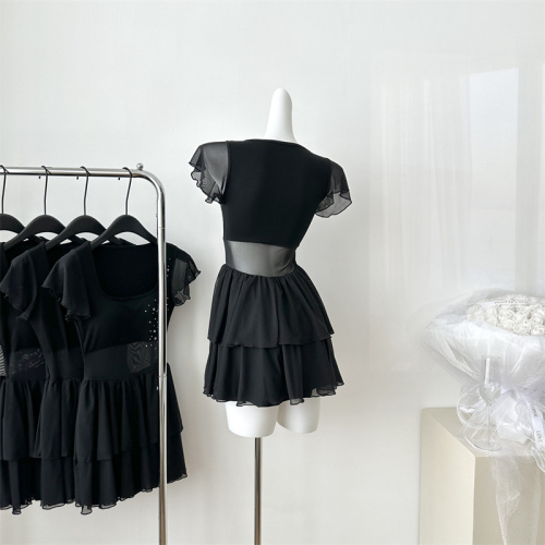 Suuuicee ballet black mesh see-through sexy short-sleeved dress with waist stitching pure desire skirt