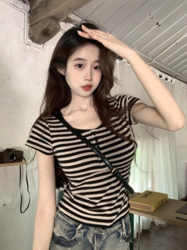 Real shot 220g threaded short-sleeved T-shirt summer trend striped right shoulder slim short round neck top Korean style women's clothing