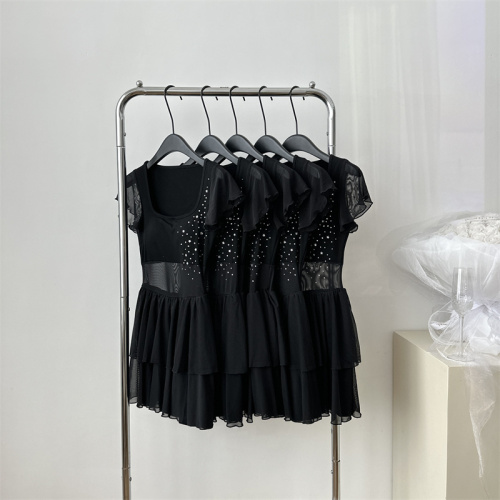 Suuuicee ballet black mesh see-through sexy short-sleeved dress with waist stitching pure desire skirt