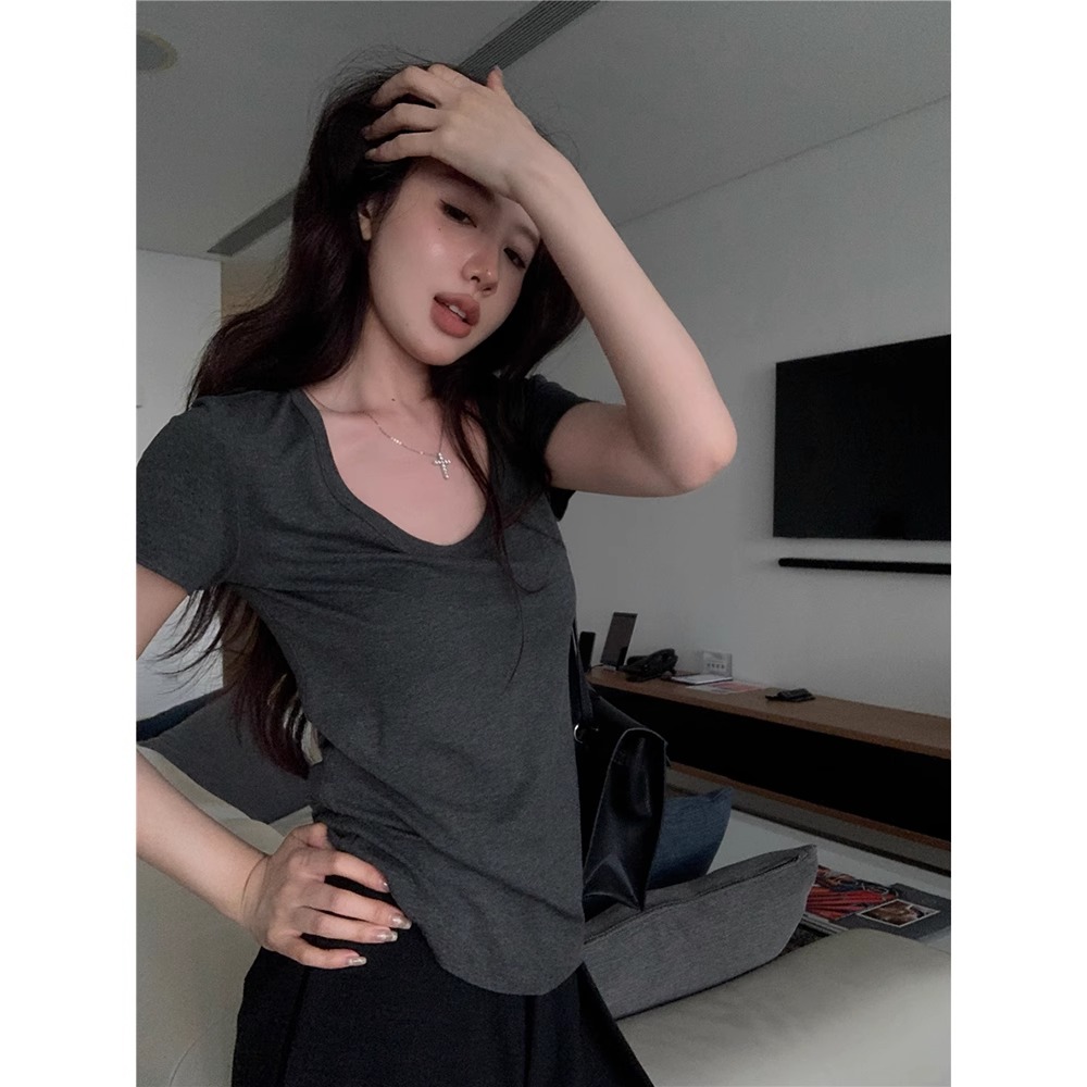 Official Image 1x1 Modal 260g Short Sleeve T-Shirt 2024 Summer Fitted Straight Shoulder Round Neck Solid Color Korean Style Women's Top