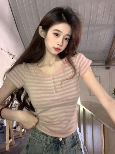 Real shot 220g threaded short-sleeved T-shirt summer trend striped right shoulder slim short round neck top Korean style women's clothing