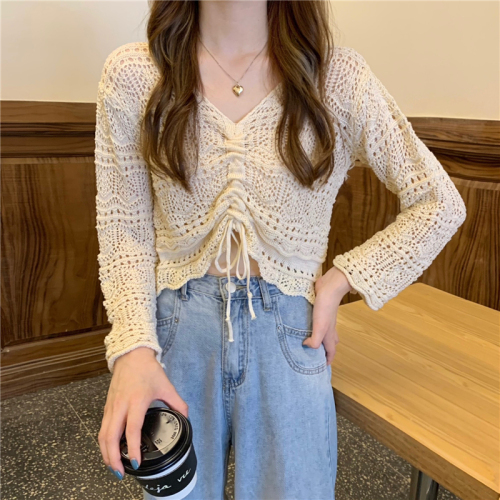 Hollow thin long-sleeved sun protection sweater for women summer Korean style loose V-neck drawstring short top