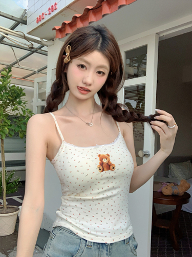 Actual shot~Spring and summer new style~Cute bear printed camisole women's summer lace inner top