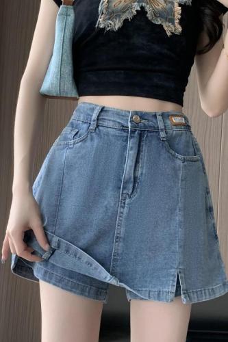 Actual shot of new summer large size high-waisted stretch denim shorts for fat girls, anti-exposure culottes, loose Korean style skirts