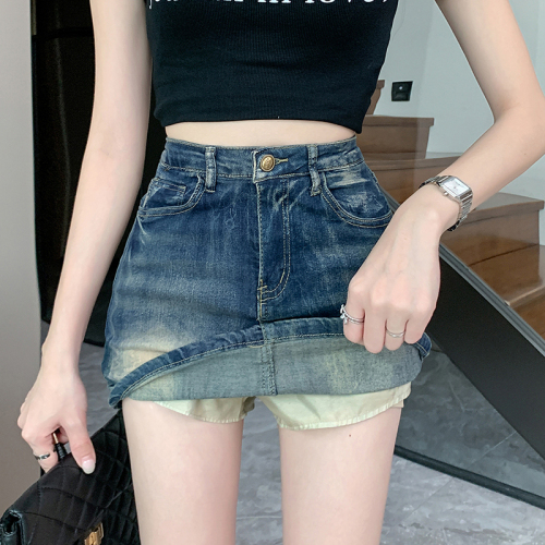 Real shot of summer retro denim skirt for women new hot girl embroidered tight hip-hugging culottes high-waisted skirt