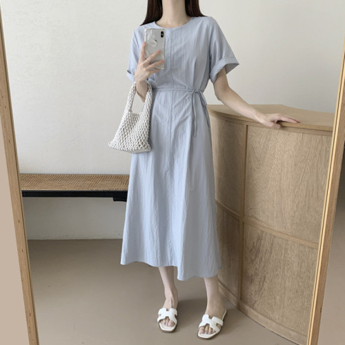 Korean chic summer simple round neck casual straight dress with belt