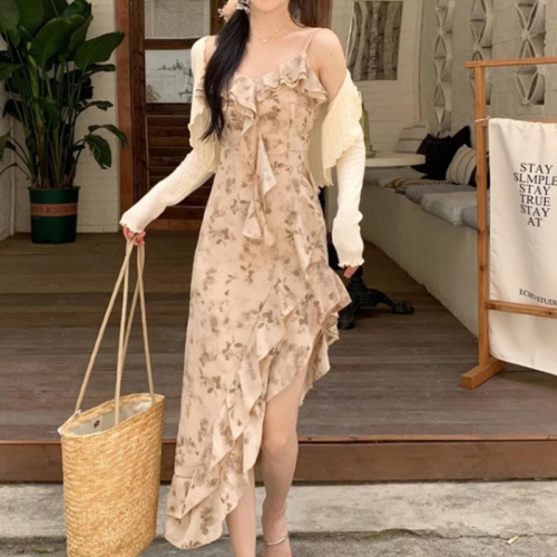 Complete three standards ~ 2024 hot girl suspender slit lace suspender skirt irregular dress waist slimming long skirt