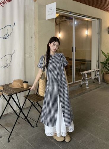 Actual shot ~ Black and white plaid shirt dress for women, loose and slim, summer layering, artistic relaxation