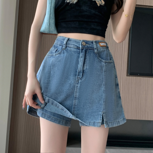 Actual shot of new summer large size high-waisted stretch denim shorts for fat girls, anti-exposure culottes, loose Korean style skirts