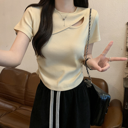 Actual shot of 260g striped short-sleeved T-shirt summer slim trendy hollow short style shoulder round neck solid color Korean style women's clothing