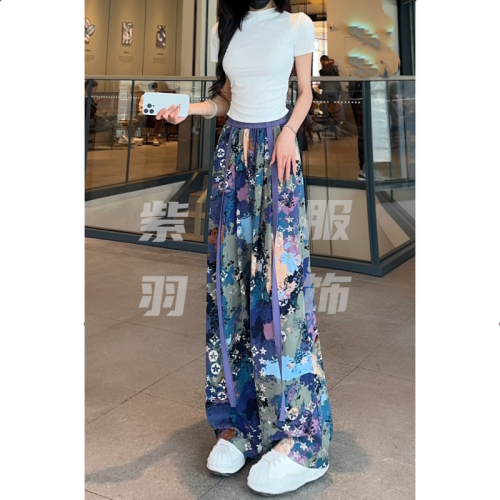 Summer thin ice silk ribbon floor-length wide-leg pants for women, versatile, breathable, loose, printed tie-dye slimming casual pants