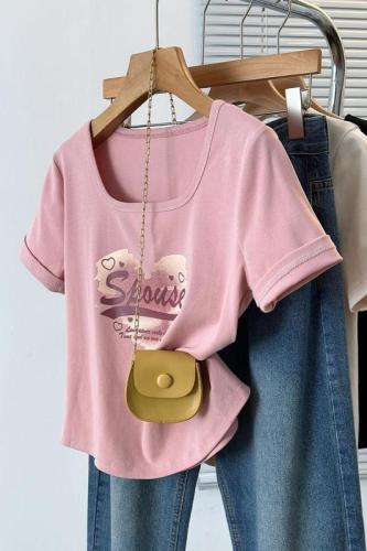 Actual shot of 2024 summer new style fat mm plus size women's casual love letter printed right shoulder short-sleeved T-shirt