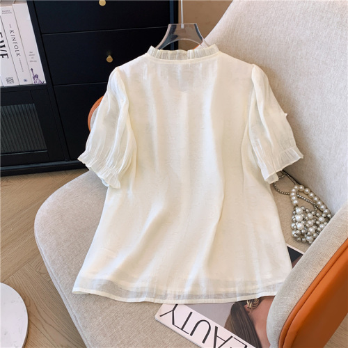 Real shot of fat girl summer new Chinese style button chiffon short-sleeved shirt design niche lotus leaf collar top