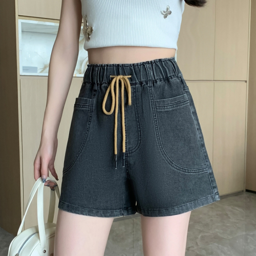 Actual shot of new summer style elastic waist Tencel large size denim shorts fat MM Korean version high waist wide leg casual elastic hot pants