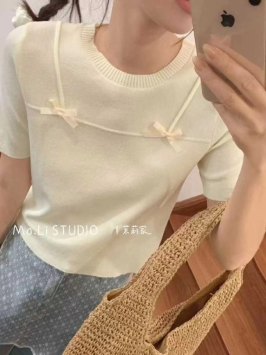 Sweet age-reducing round neck bow decorated fake two-piece short sleeves