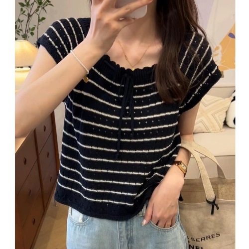 2024 new Korean summer lace soft and comfortable crochet drawstring bow knitted striped top for women