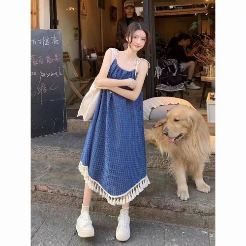 2024 new style Korean college style age-reducing temperament design tassel suspender skirt for women