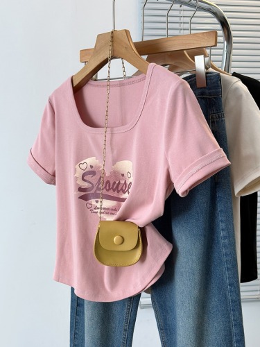 Actual shot of 2024 summer new style fat mm plus size women's casual love letter printed right shoulder short-sleeved T-shirt