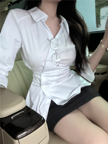 实拍韩系褶皱polo领长袖衬衫女修身设计感衬衣休闲chic上衣