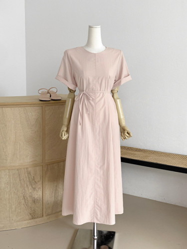 Korean chic summer simple round neck casual straight dress with belt