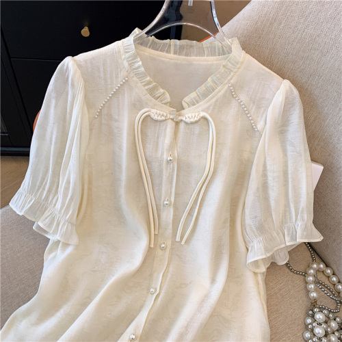 Real shot of fat girl summer new Chinese style button chiffon short-sleeved shirt design niche lotus leaf collar top