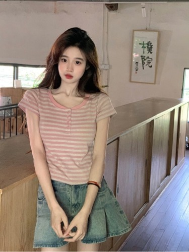 Real shot 220g threaded short-sleeved T-shirt summer trend striped right shoulder slim short round neck top Korean style women's clothing