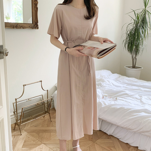 Korean chic summer simple round neck casual straight dress with belt