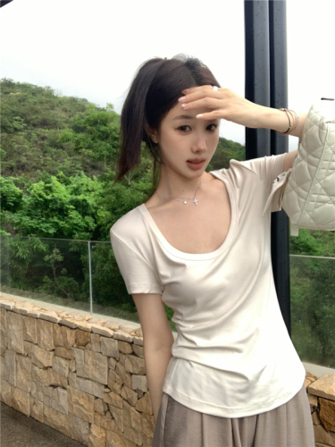 Real shot simple and versatile u-neck loose T-shirt women's summer waist-in slimming solid color top fashion 