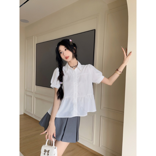 Real shot polo collar short-sleeved babydoll shirt for women summer 2024 new loose puff sleeves to cover the belly and waist waist shirt top