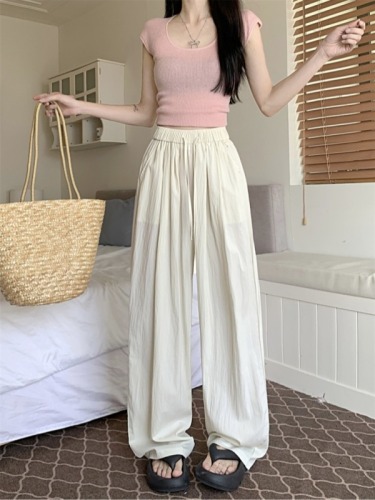 Actual shot ~ Lazy style Yamamoto drawstring casual pants for women, high-waisted, loose, wide-leg, straight-leg walking trousers