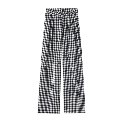 Real shot of lazy high-waisted black and white plaid straight pants for women in summer, loose and casual, slim checkerboard pattern wide-leg floor-length pants