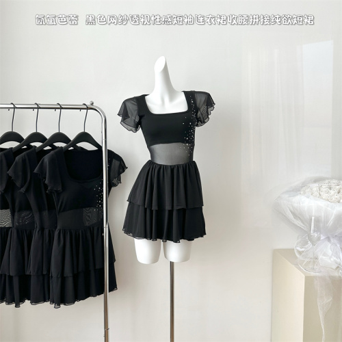 Suuuicee ballet black mesh see-through sexy short-sleeved dress with waist stitching pure desire skirt