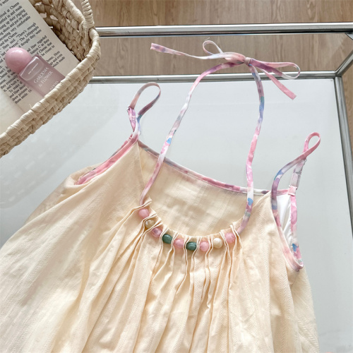 Acaine pearl macaron/mid-length swing collar cake dress suspender dress women's summer French sweet skirt