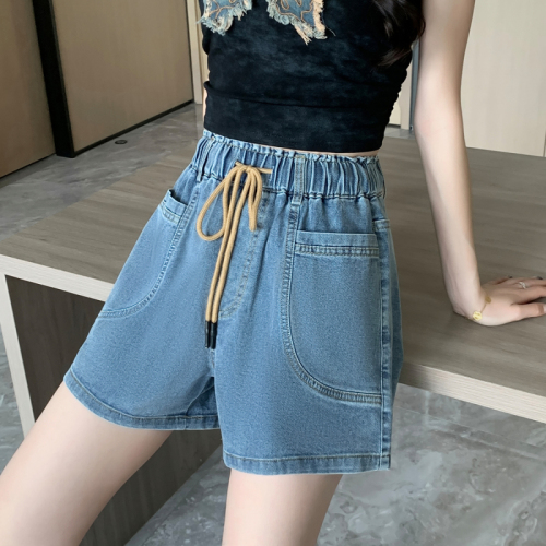 Actual shot of new summer style elastic waist Tencel large size denim shorts fat MM Korean version high waist wide leg casual elastic hot pants