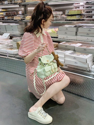 韩系小个子休闲时尚泡泡袖显瘦红白条纹polo连衣裙女2024夏季新款
