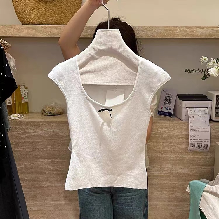 Dongdaemun Women's Korean Style Sweet U-neck Bow T-shirt Vest Women's Summer Waist Slim Fit Small Flying Sleeves Hot Girl Top